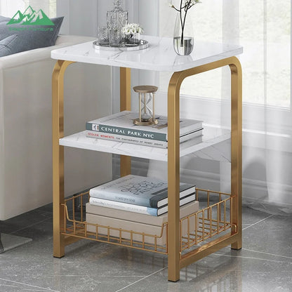 Wayon Ergonomic Side Sofa Table with Integrated Wire Basket Functional Coffee Table for Small Space
