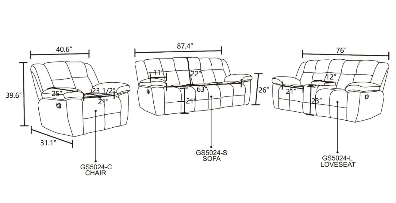 Beige Corduroy 3-Piece Living Room Recliner Sofa Set