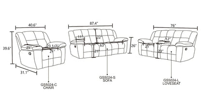 Beige Corduroy 3-Piece Living Room Recliner Sofa Set