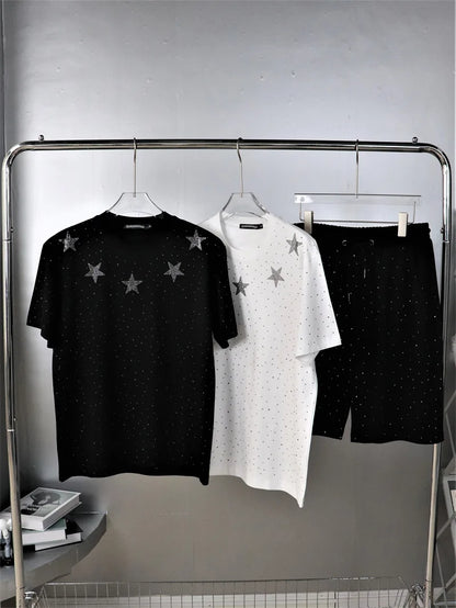 Summer Men Rhinestone Print Round Neck Cotton Clothes Short-sleeved T-shirt Plus Size Men's T-shirts