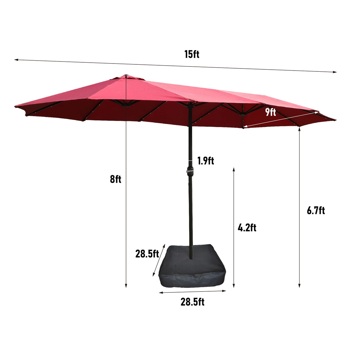 Large 15x9 FT Red Double-Sided Rectangular Outdoor Twin Patio Market Umbrella Foldable and Waterproof with Light and Base