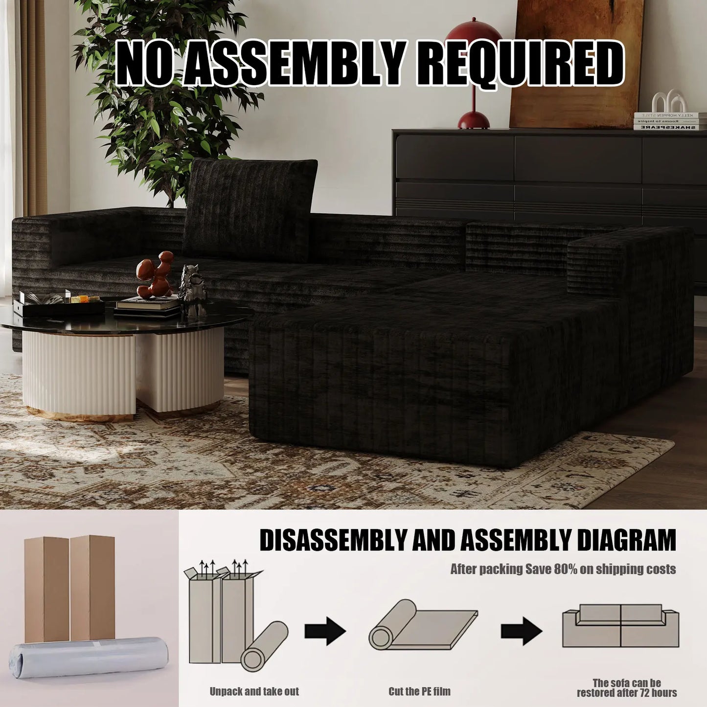 L-Shaped Boneless Modular Cloud Sofa, Plush Corduroy Modern Sectional, Deep Seat Upholstered Chaise No Assembly for Living Room