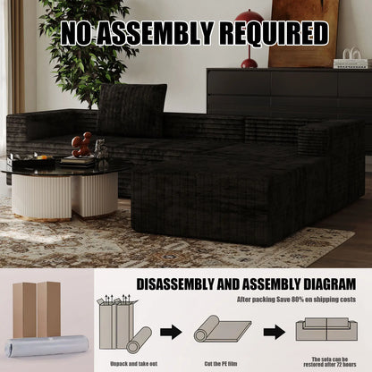 L-Shaped Boneless Modular Cloud Sofa, Plush Corduroy Modern Sectional, Deep Seat Upholstered Chaise No Assembly for Living Room