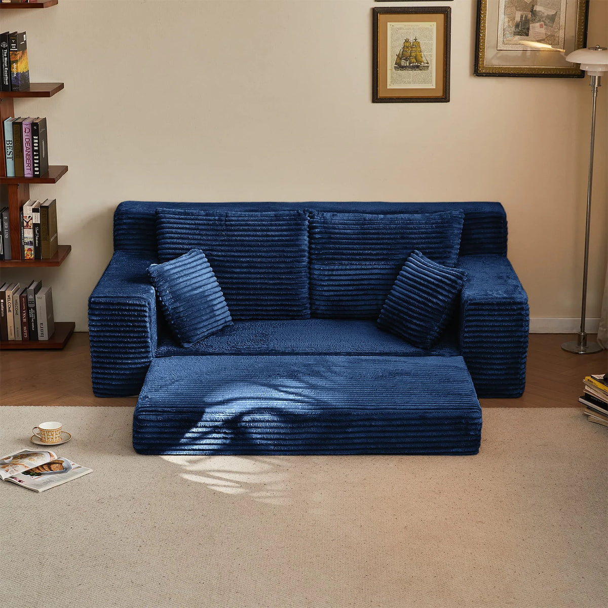 Modern Modular Loveseat Sofa Bed Convertible 2-in-1 Square Upholstered Durable Corduroy Fabric High-Density Foam Apartment Villa