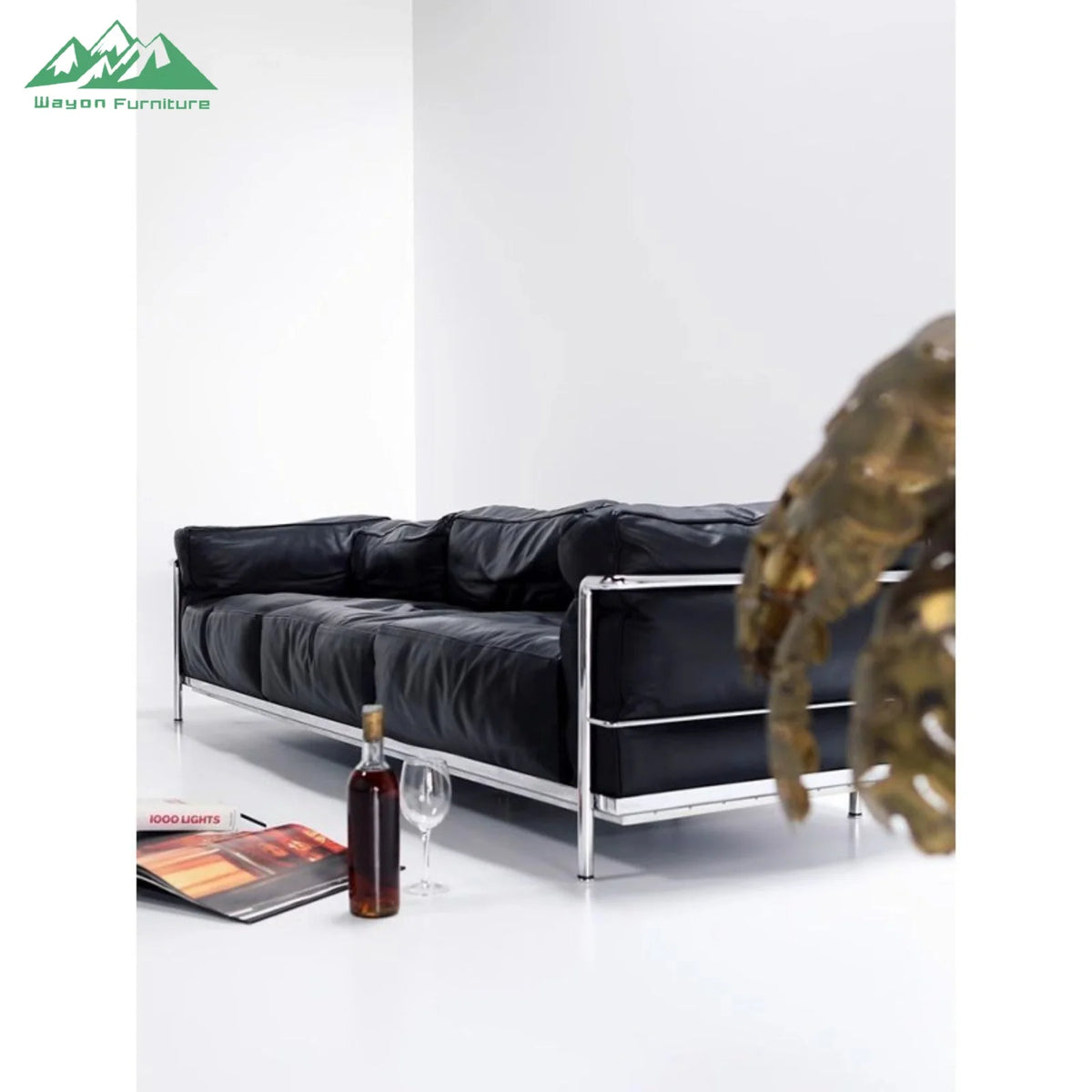 Wayon  Modern Black Leather Sofa Set Foam Filled with Silver Metal Frame 4-Seater for Living Room Luxury