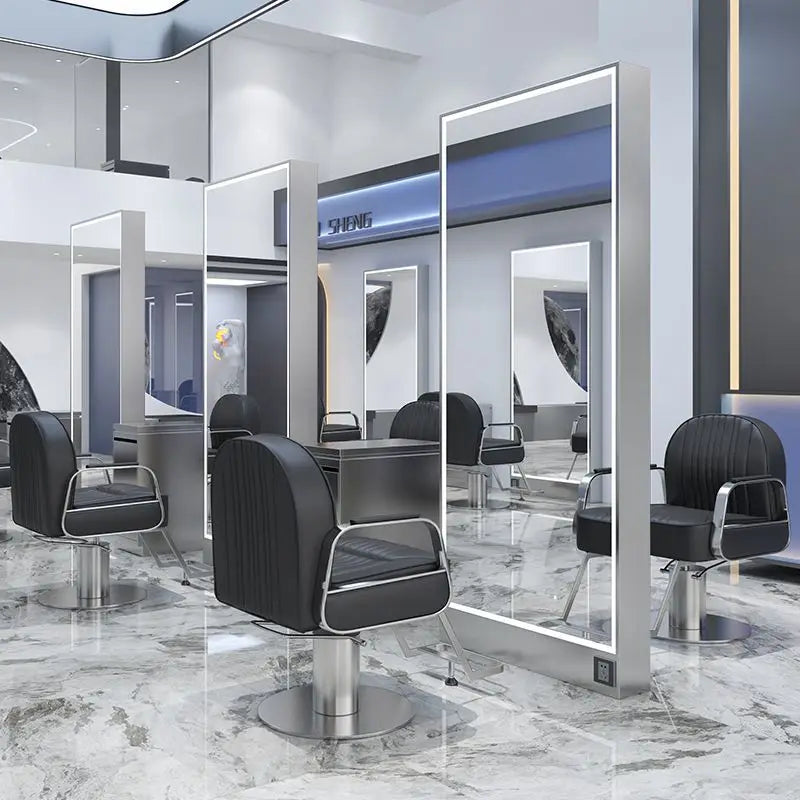 Barber Shop & Hair Salon Double-Sided Metal Salon Mirror Cabinet with Trendy Style Floor Light for Haircut and Perm/Dye Services