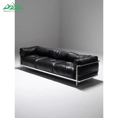 Wayon  Modern Black Leather Sofa Set Foam Filled with Silver Metal Frame 4-Seater for Living Room Luxury