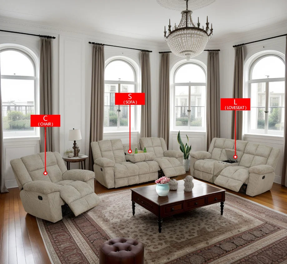Beige Corduroy 3-Piece Living Room Recliner Sofa Set