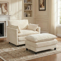 Chenille Two Seat Accent Sofa Ottoman Cozy Upholstered Modern Sofa Set Beige Lounge Decorative Pillows Wood Legs Living Room