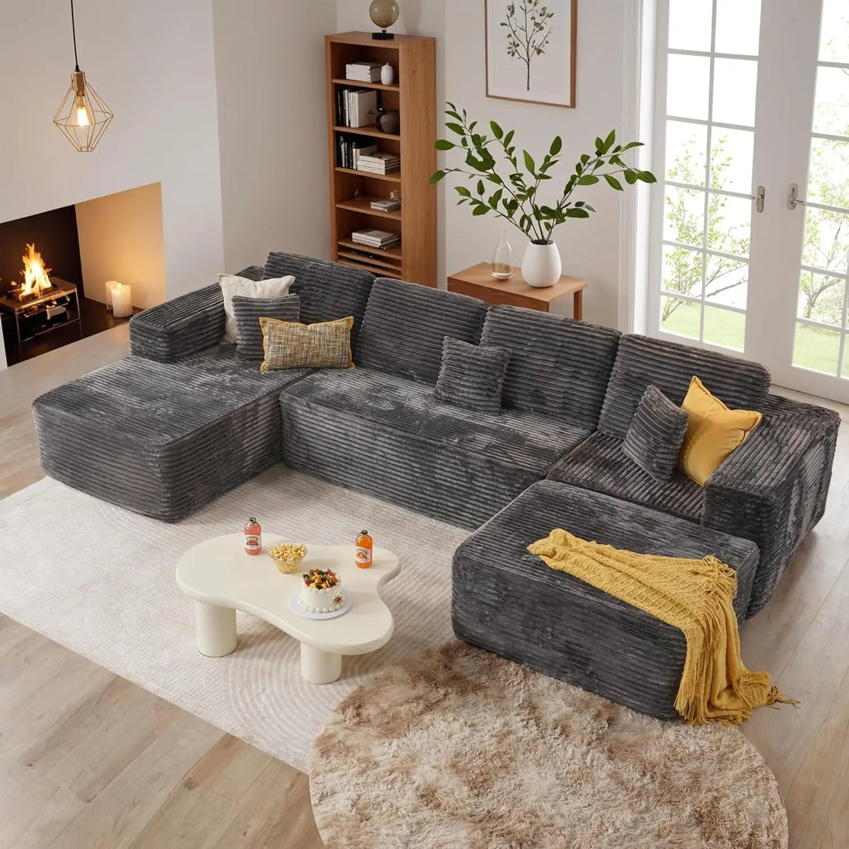 Factory Wholesale Modular U-Shape Cloud Sofa with Reversible Chaise, Vacuum Compressed & Boneless