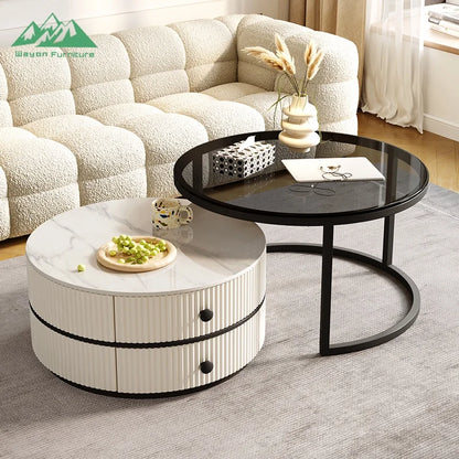 Wayon Modern White Round Nesting Coffee Table Set Gold Frame Storage Drawers Fluted Texture Living Room