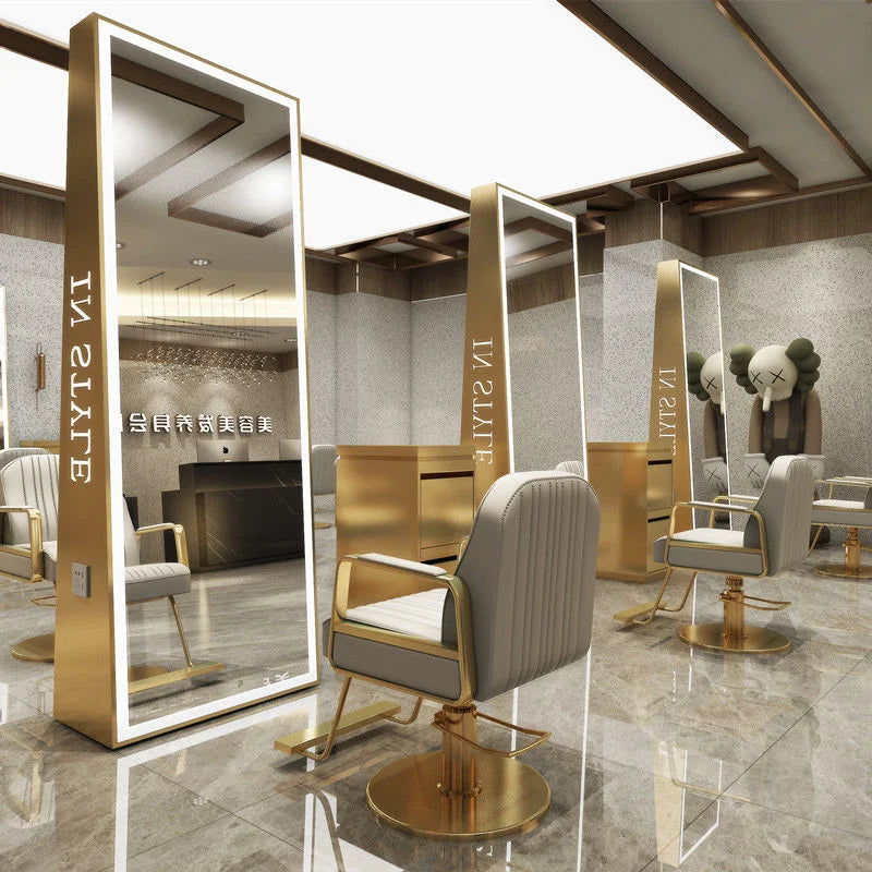 Barber Shop & Hair Salon Double-Sided Metal Salon Mirror Cabinet with Trendy Style Floor Light for Haircut and Perm/Dye Services