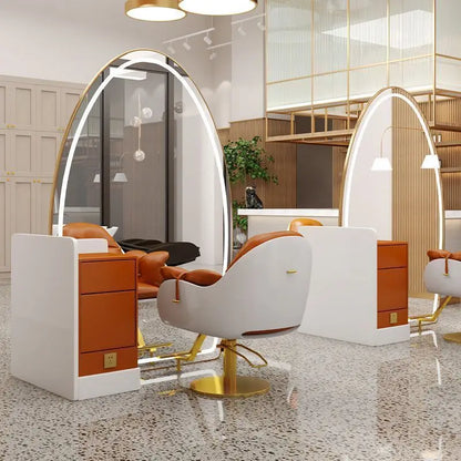 Barber Shop & Hair Salon Double-Sided Metal Salon Mirror Cabinet with Trendy Style Floor Light for Haircut and Perm/Dye Services