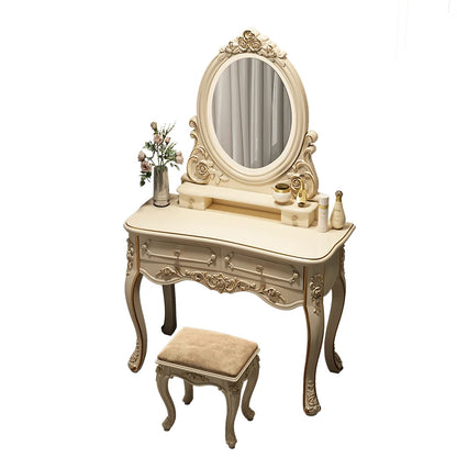 European Style Modern LED Cream White Dressing Table Girls' Makeup Table with Lighted Mirror Wood Panel Bedroom Furniture