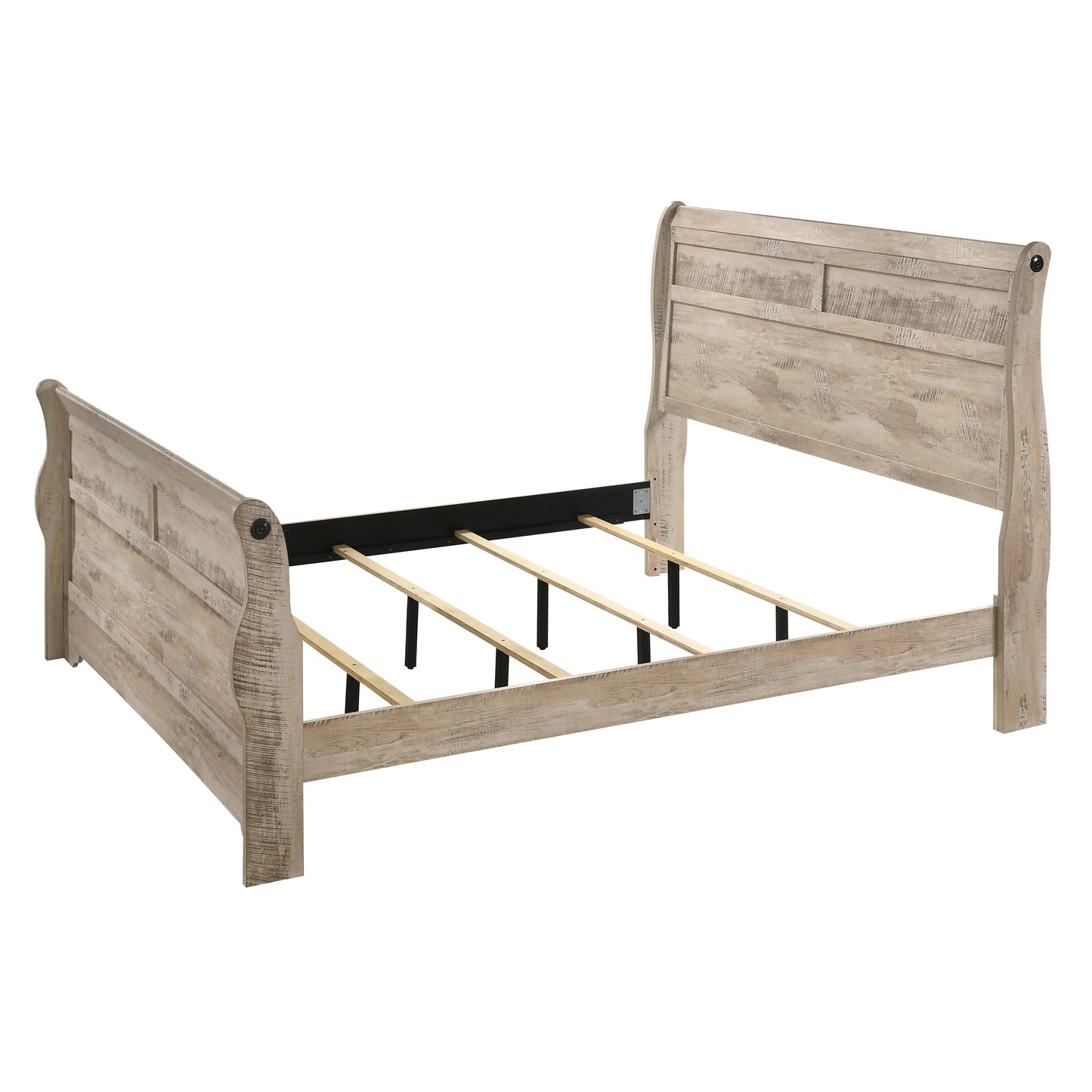 Imerland Contemporary White Wash Finish Bedroom 4 Piece Set With King Sleigh Bed Dresser Mirror and One Nightstand