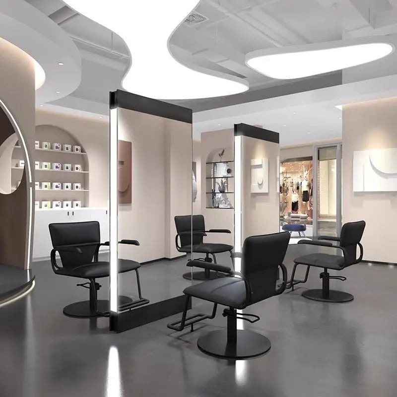 Barber Shop & Hair Salon Double-Sided Metal Salon Mirror Cabinet with Trendy Style Floor Light for Haircut and Perm/Dye Services