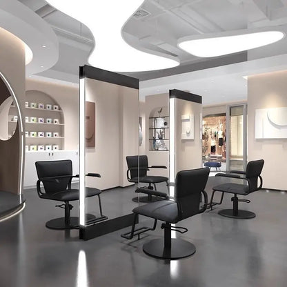 Barber Shop & Hair Salon Double-Sided Metal Salon Mirror Cabinet with Trendy Style Floor Light for Haircut and Perm/Dye Services