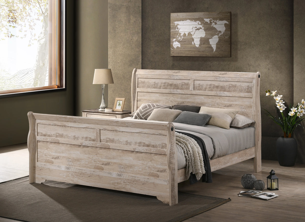 Imerland Contemporary White Wash Finish Bedroom 4 Piece Set With King Sleigh Bed Dresser Mirror and One Nightstand