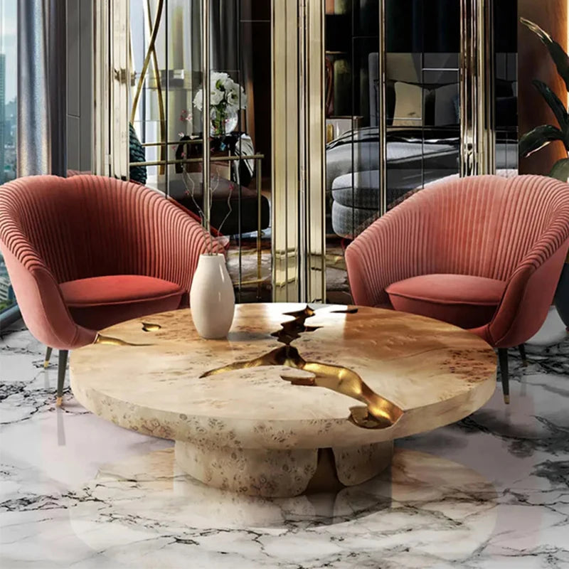 Large Round Luxury Italy Natural Stone Copper Modern Solid Wood Designer Living Room Furniture Center Square Coffee Table