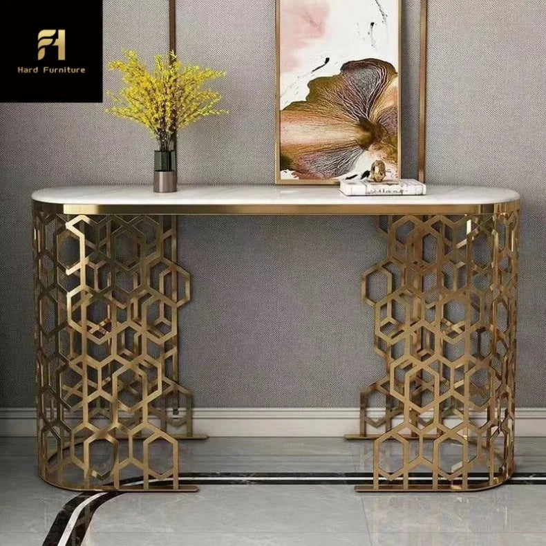 Modern White Oval Marble Console Table with Honeycomb Legs Hot Sale for Home Entryway Hallway Hotel Living Room Furniture
