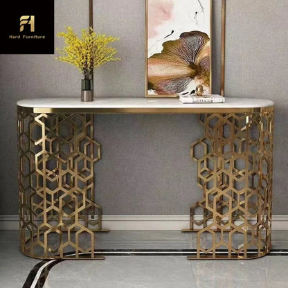 Modern White Oval Marble Console Table with Honeycomb Legs Hot Sale for Home Entryway Hallway Hotel Living Room Furniture