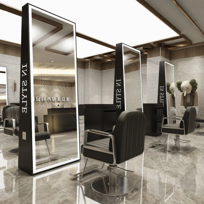 Barber Shop & Hair Salon Double-Sided Metal Salon Mirror Cabinet with Trendy Style Floor Light for Haircut and Perm/Dye Services