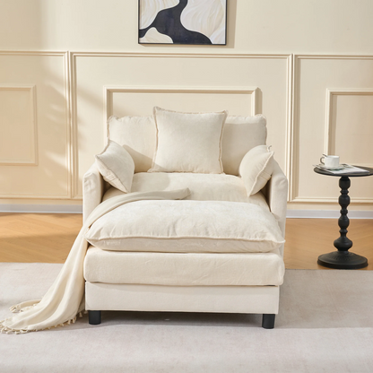 Chenille Two Seat Accent Sofa Ottoman Cozy Upholstered Modern Sofa Set Beige Lounge Decorative Pillows Wood Legs Living Room