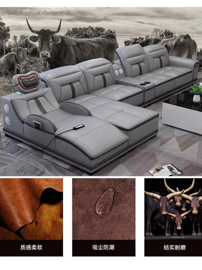 Modern simple massage combination living room leather sofa first layer cowhide  living room