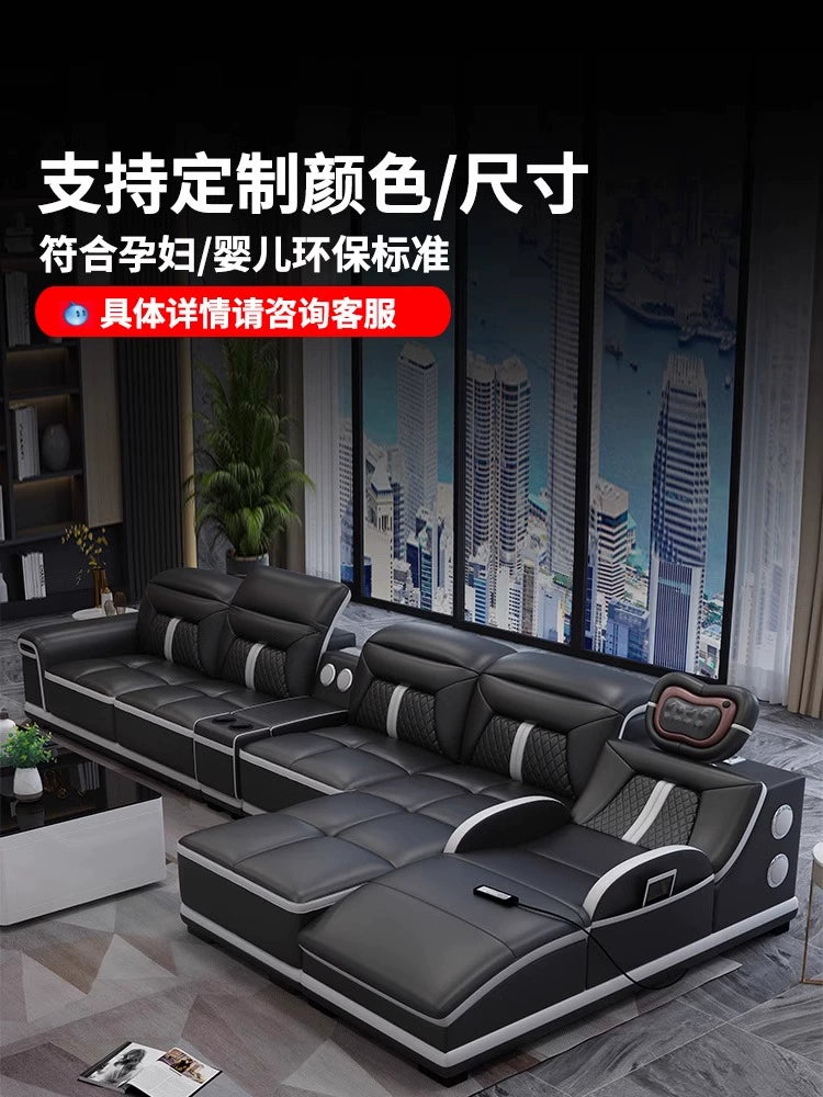 Modern simple massage combination living room leather sofa first layer cowhide  living room