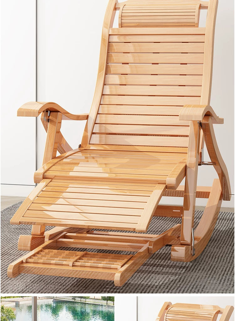 UVR Adult Recliner Folding Rocking Chair Living Room Armchair Bed Office Lunch Break Nap Backrest Stool Bamboo Chaise Longue