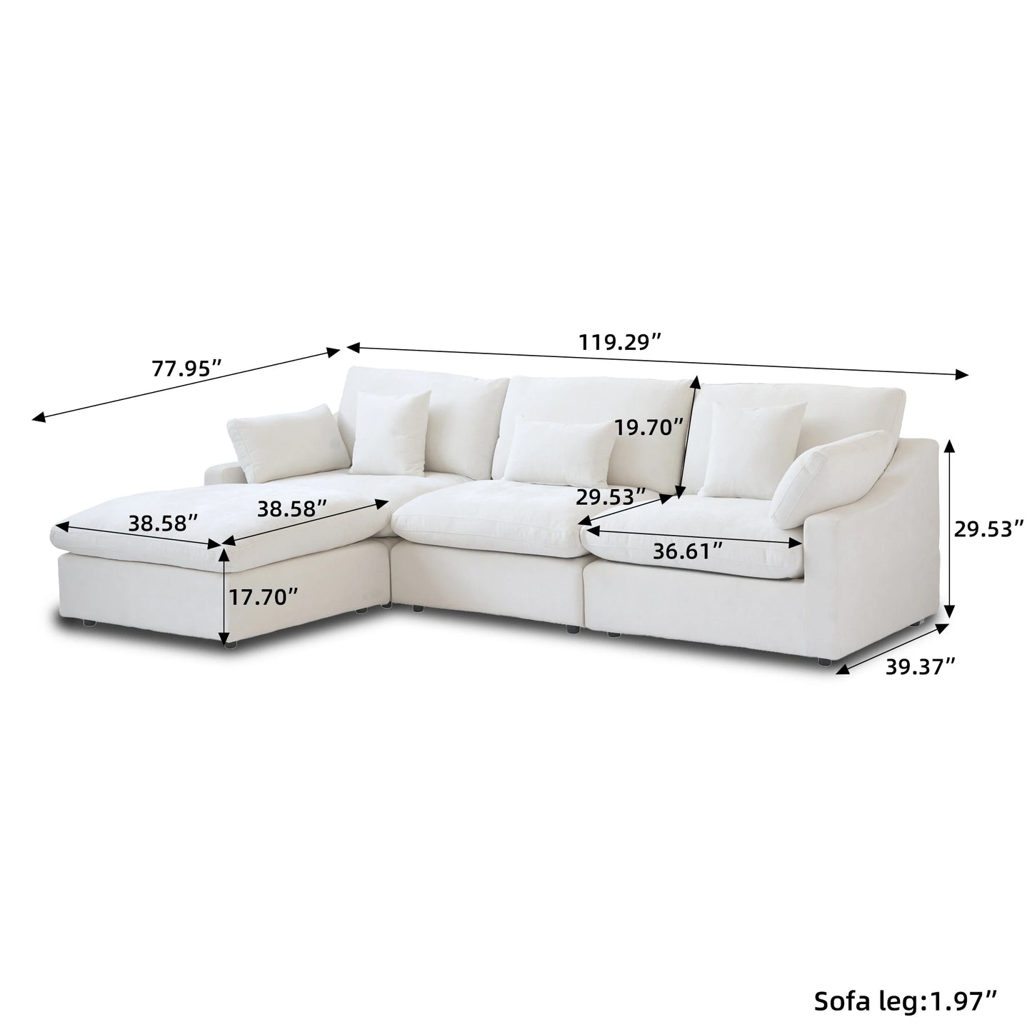 Sdorens 120'' Sectional Sofas for Living Room Modern Cloud Couch Down Filled L-Shaped 3Seater Couch with Ottoman