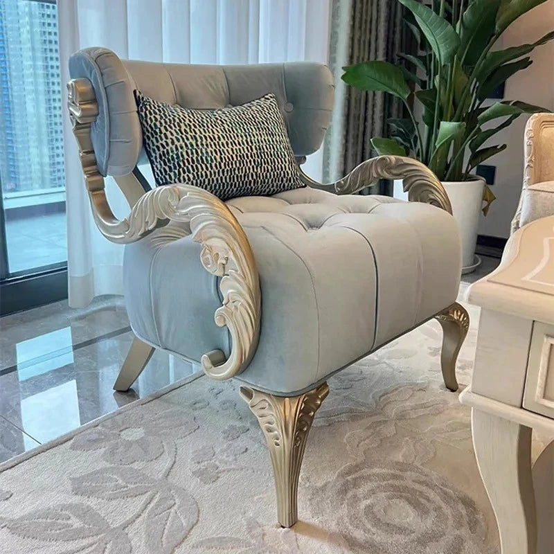 WWAmerican Light Luxury Wood Carved Couch Living Room Balcony Bedroom Fabric Craft Single Sofa Leisure