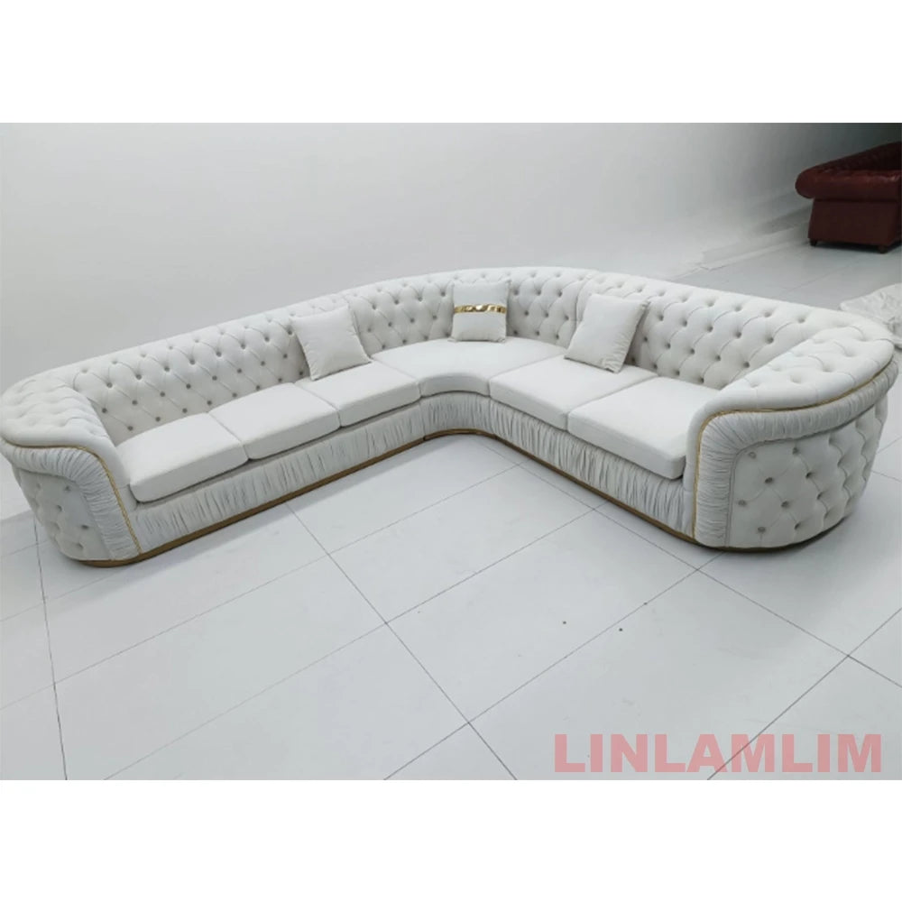 Luxury Chesterfield Sectional Sofa Set with Cloth Buttons and Fabric Modular Couch with Gold Stainless Steel Base, 3-seater Sofa