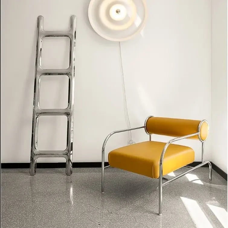Art Deco Style Chrome & Leather Lounge Chair,Accent Leisure Chair with Geometric Metal Frame,Retro Furniture for Living Room