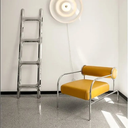 Art Deco Style Chrome & Leather Lounge Chair,Accent Leisure Chair with Geometric Metal Frame,Retro Furniture for Living Room