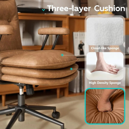 Brown Leather Office Chair with Wheels, Triple-Layers Thicken Wide Seat Height Adjustable, Mid-Century Modern Comfy Desk Chair f