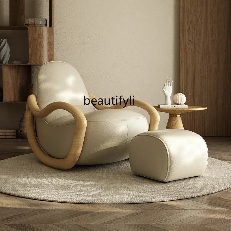 Household balcony leisure chair sofa solid wood rocking chair Chinese lazy sofa recliner environmentally friendly leather