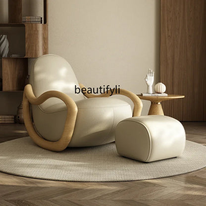 Household balcony leisure chair sofa solid wood rocking chair Chinese lazy sofa recliner environmentally friendly leather