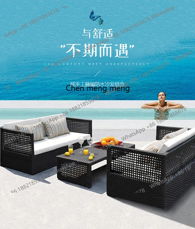 Outdoor rattan sofa combination waterproof and sunscreen outdoor courtyard balcony rattan chair