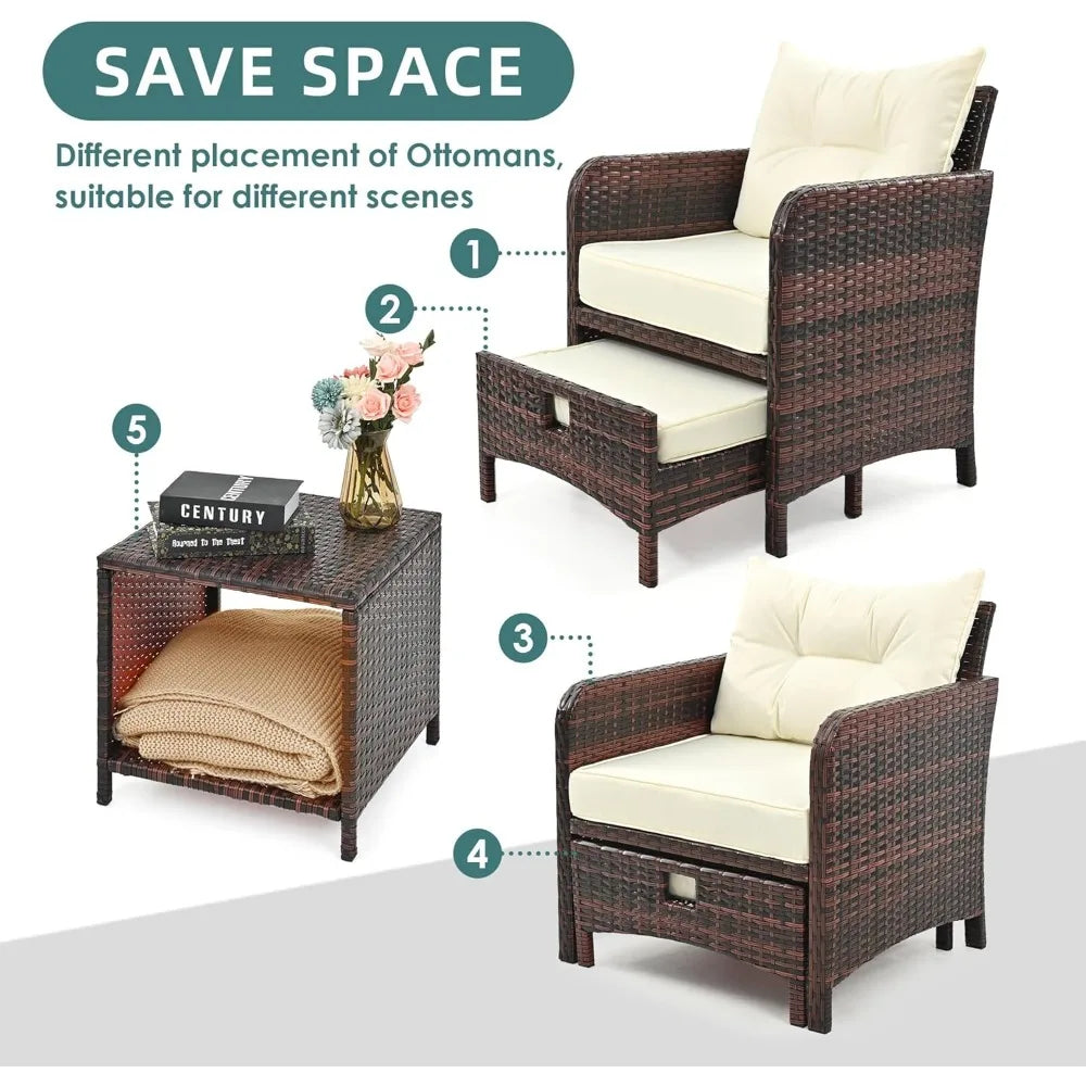 5 Pieces Patio Furniture Set, Rattan Balcony Furniture with Ottomans, PE Wicker Outdoor Patio Chairs Set with Coffee Table for