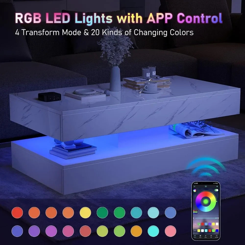 LED Coffee Table with Storage Drawers, Modern High Gloss Coffee Table Colors LED Lights,  Rectangle Center Table