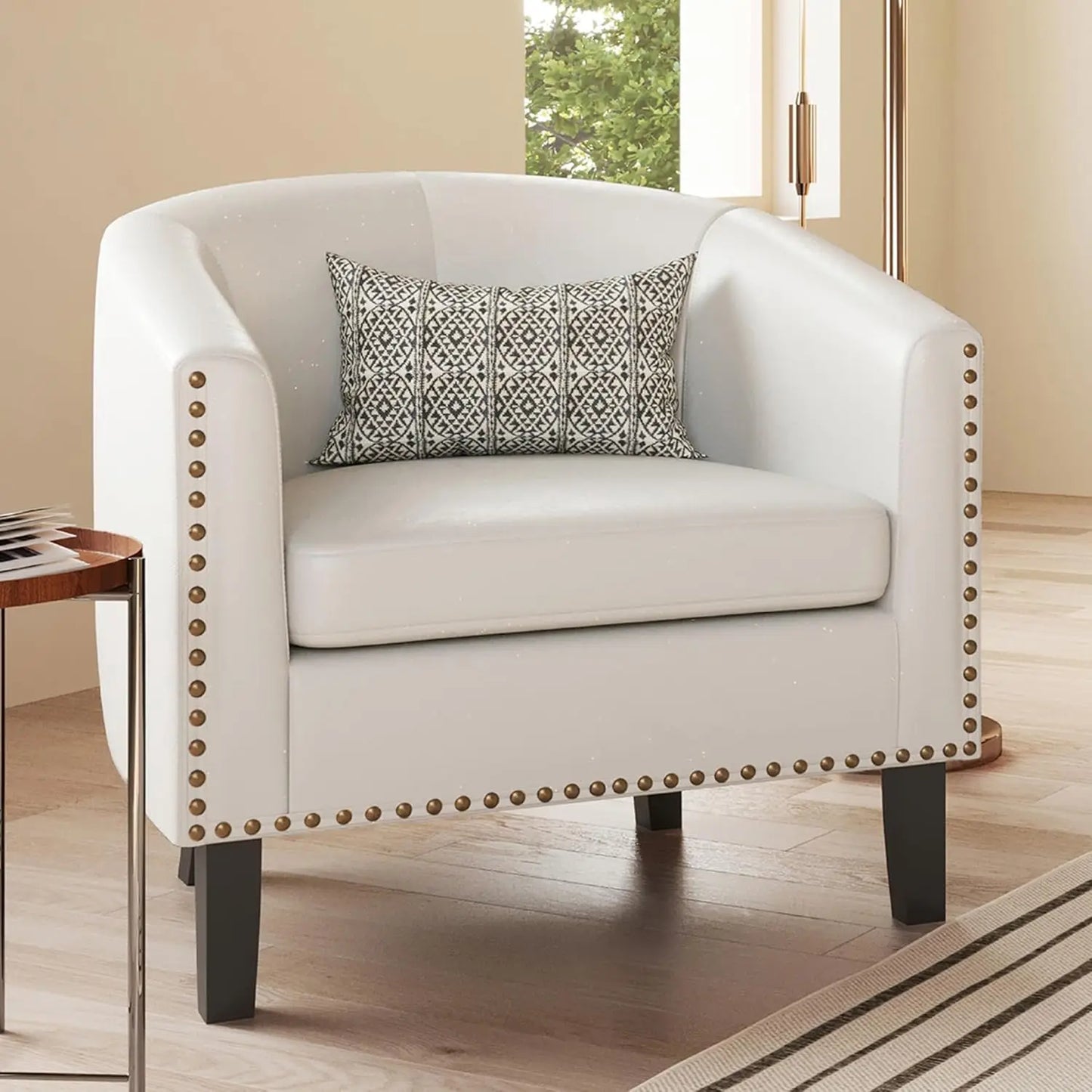 Modern Faux Leather Tub Club Chair, Upholstered Armchair with Gold Nailhead Accents and Black Legs