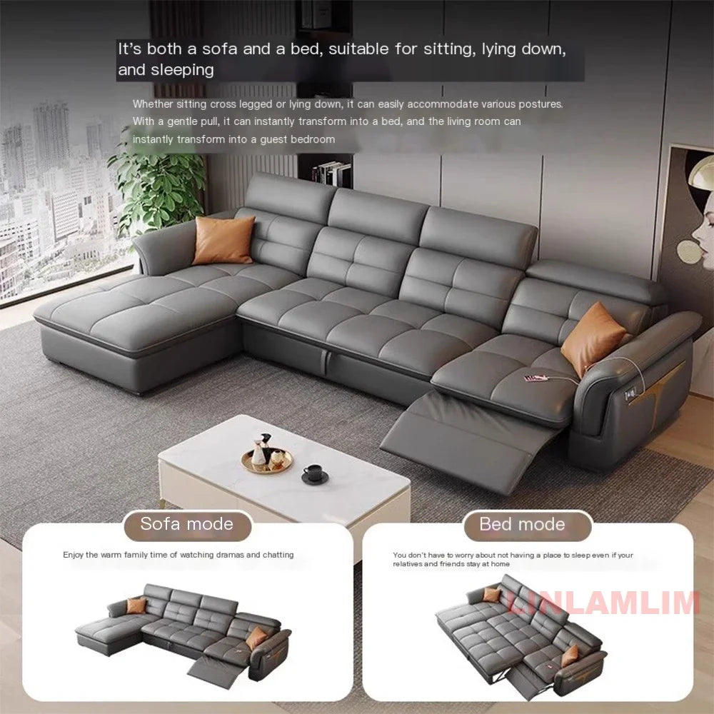 Modern Electric Recliner Sofa Bed with Adjustable Backrest, L-Shaped Multifunctional Italian Genuine Leather Sectional Couch
