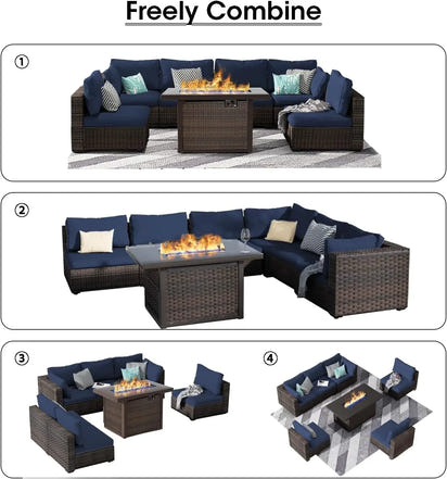 7 Piece Patio Furniture Set with  Fire Pit Table Outdoor Sectional Conversation Sofa Set with Coffee Table
