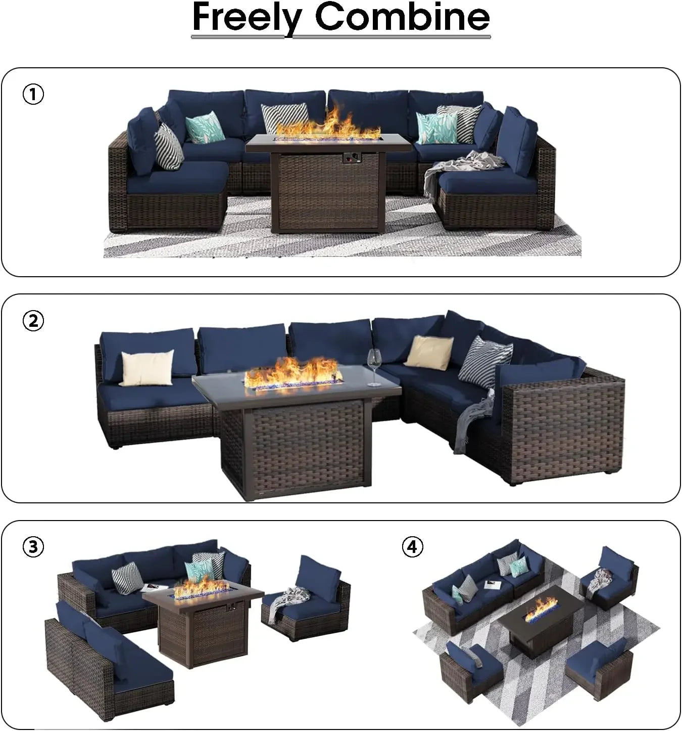 7 Piece Patio Furniture Set with  Fire Pit Table Outdoor Sectional Conversation Sofa Set with Coffee Table