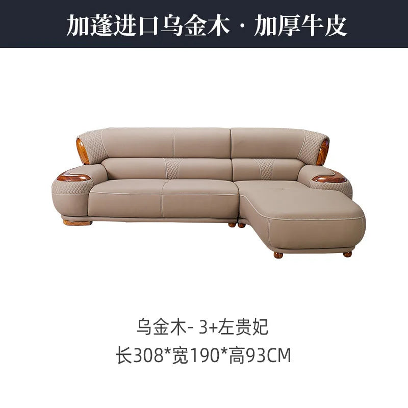 Modern new Chinese ebony leather sofa high-end villa solid wood first layer cowhide European living room luxury furniture