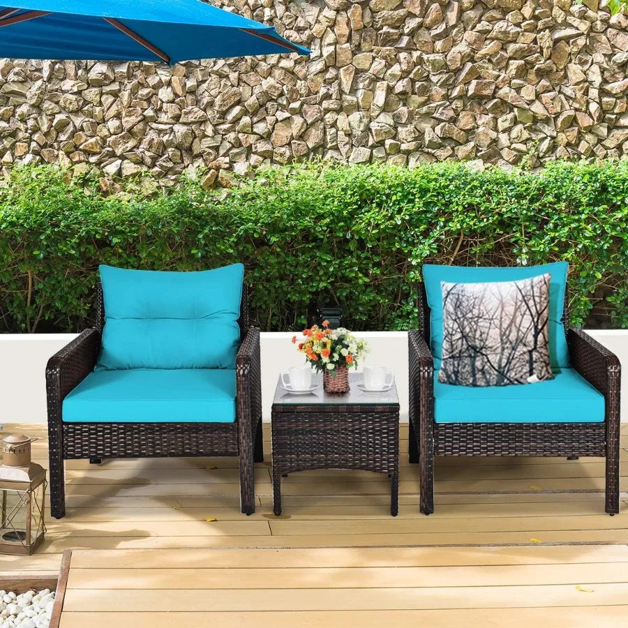 3 Piece Wicker Chairs with Glass Top Coffee Table Thick Cushions for Outdoor Patio Garden Lawn Poolside Backyard Porch