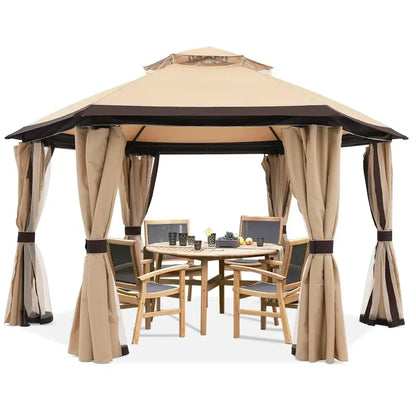 For 10'x10' Gazebos for Outdoor Hexagonal Gazebo with Netting and Privacy Curtains By, 120"L X 120"W X 110"H, 74.8 Pounds