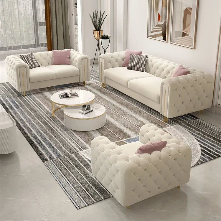 Customizable Modern Leather Combination Upholstered Couch White Sofa Living Room New Model Luxury Tufted Chesterfield-sofa Sets