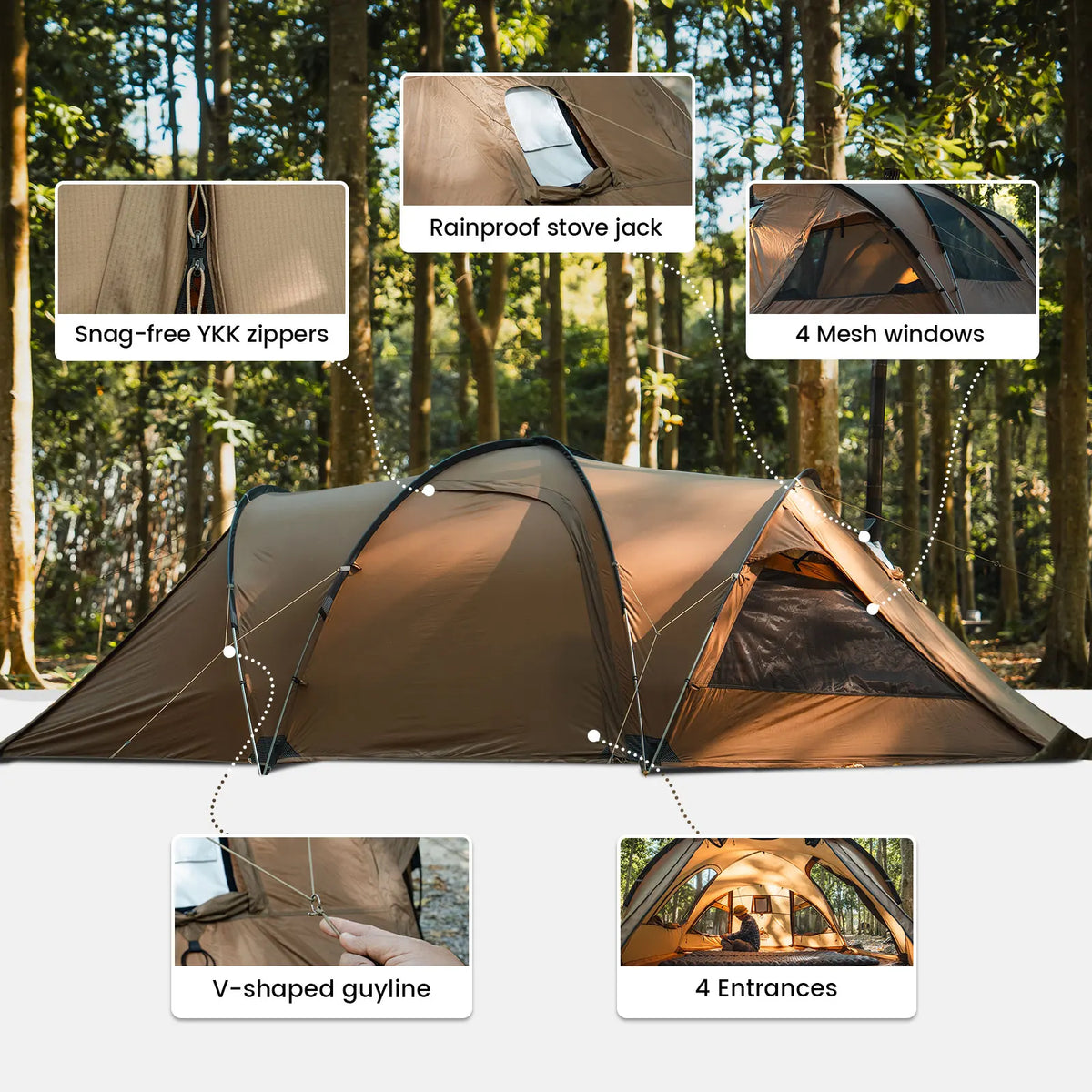 OneTigris Orbitis Tunnel Tent with Stove Jack 4 Person Lightweight Camping Hot Tent with Mesh Vent for Glamping Bushcraft Travel
